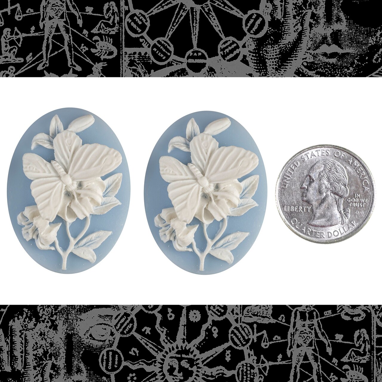 Blue and White Butterfly and Flower Cameos 30mm x 40mm Cameos- Set of Two - CAM178